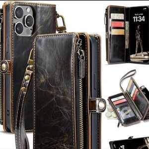 Vintage Black Leather Wallet Phone Case with Wrist Strap